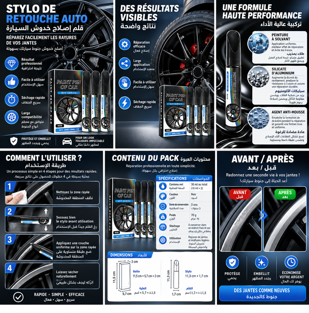 Stylo de Retouche pour Jantes Auto – Noir & Argent